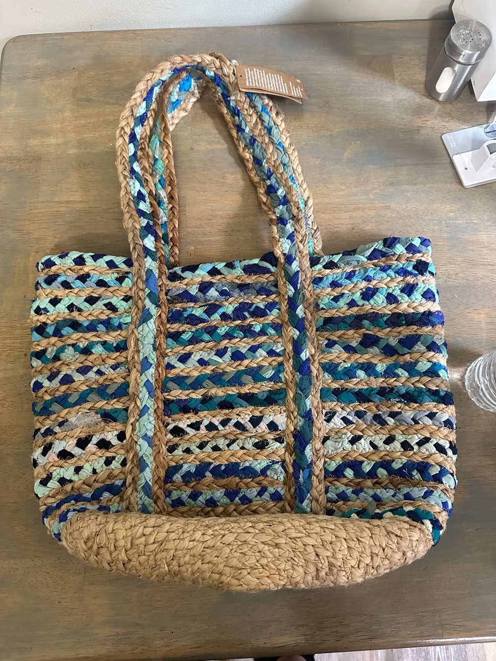 Matr Boomie Braided Straw Tote Bag with Blue and Tan Stripes